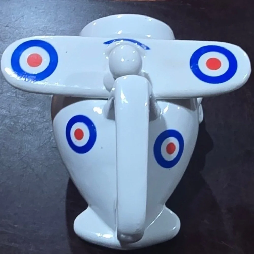 Vintage Ceramic Biplane Novelty Teapot White with Blue and Red Roundel Pilot Lid